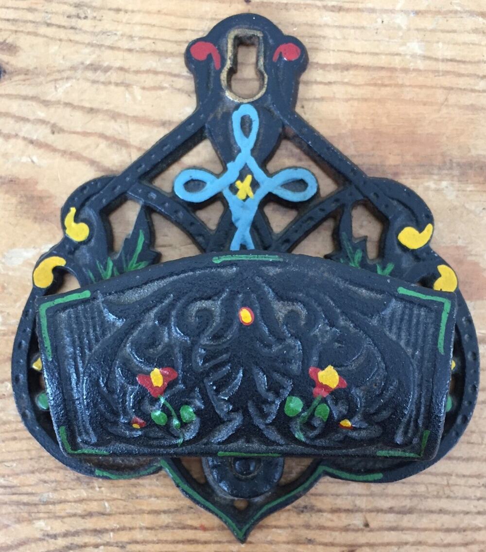 Vintage Antique Cast Iron Painted Match Stick Holder Wall Mount Primitive Decor